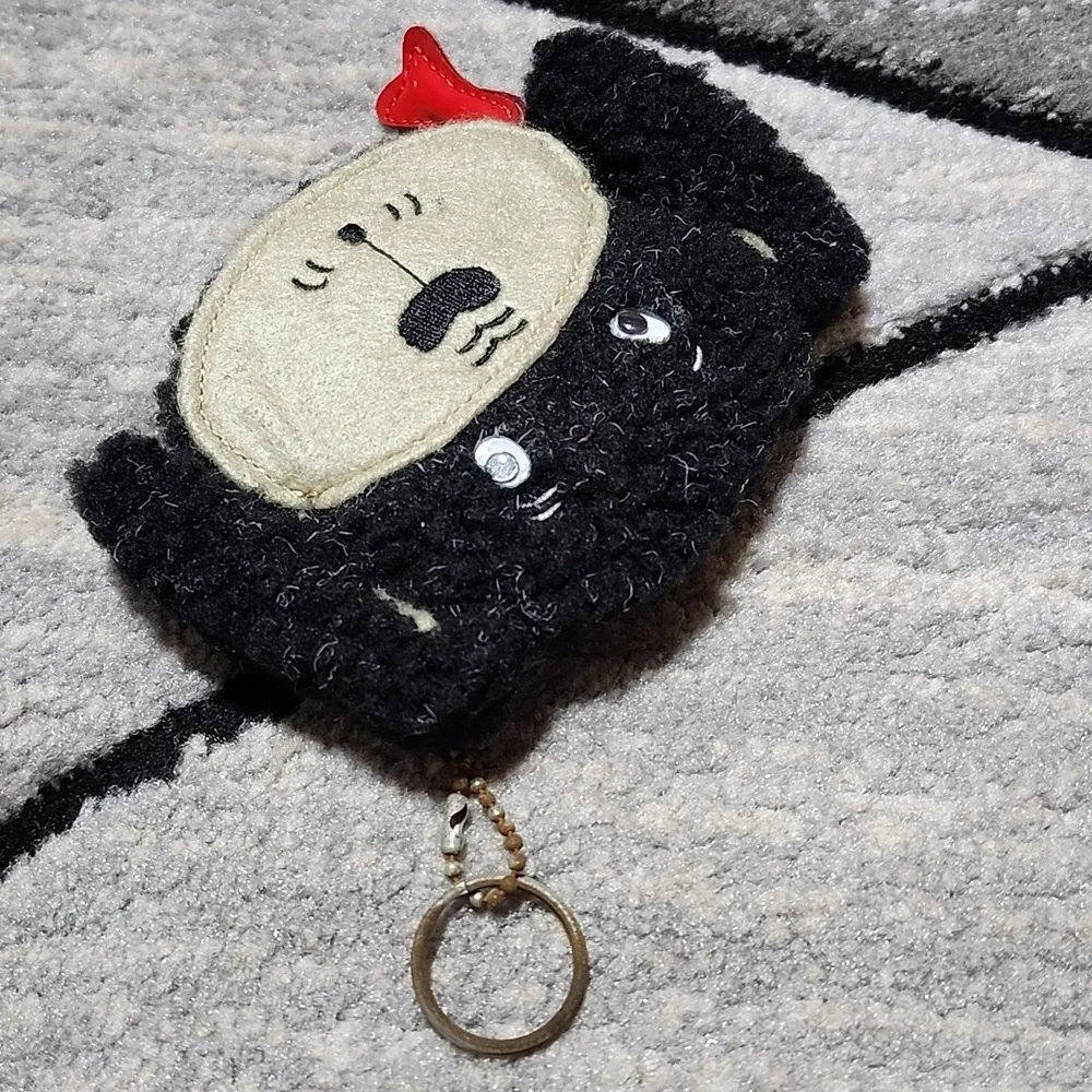 VINTAGE SHERPA DOG RED FAUX-LEATHER DOG BONE ZIP-CHARM COIN POUCH KEYCHAIN